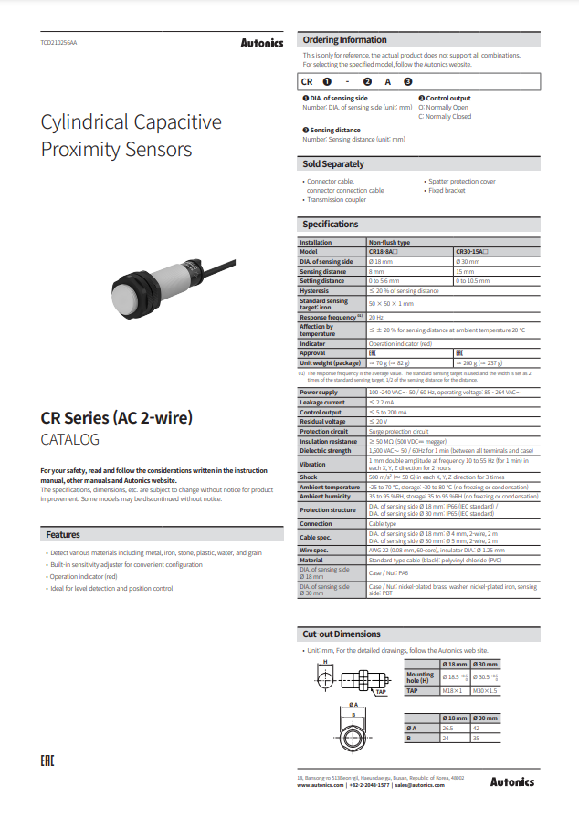 AUTONICS CR (AC 2-WIRE) CATALOG CR SERIES: CYLINDRICAL CAPACITIVE PROXIMITY SENSORS (2-WIRE)